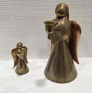 Vintage Pair Of Two Small Large Tone Brass Angel Candlestick Holders